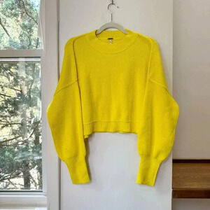 Free People Easy Street Crop Pullover Sweater Oversized Rib Crewneck Yellow XS